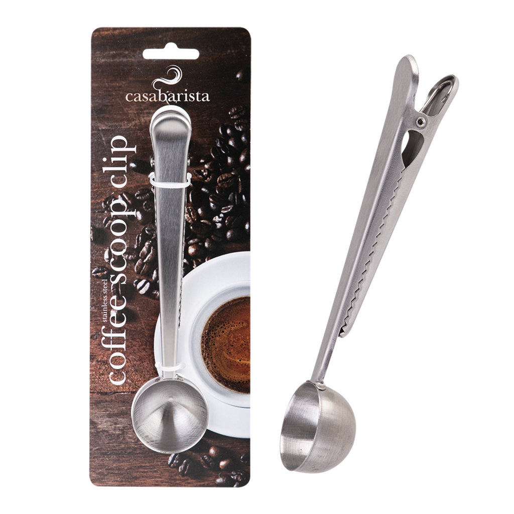 Casabarista stainless steel coffee scoop with a clip, shown on its retail card