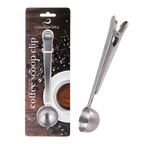 Casabarista stainless steel coffee scoop with a clip, shown on its retail card