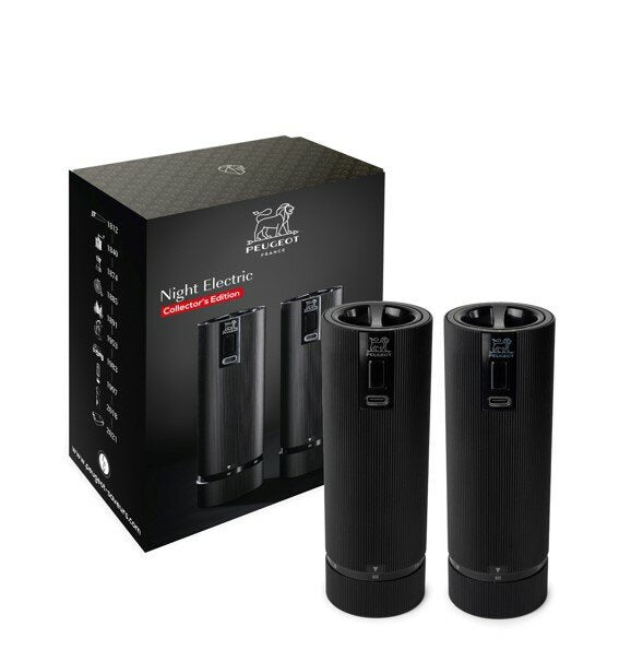 Peugeot Night Electric salt and pepper mills in matte black, a pair with a charging base, in their box