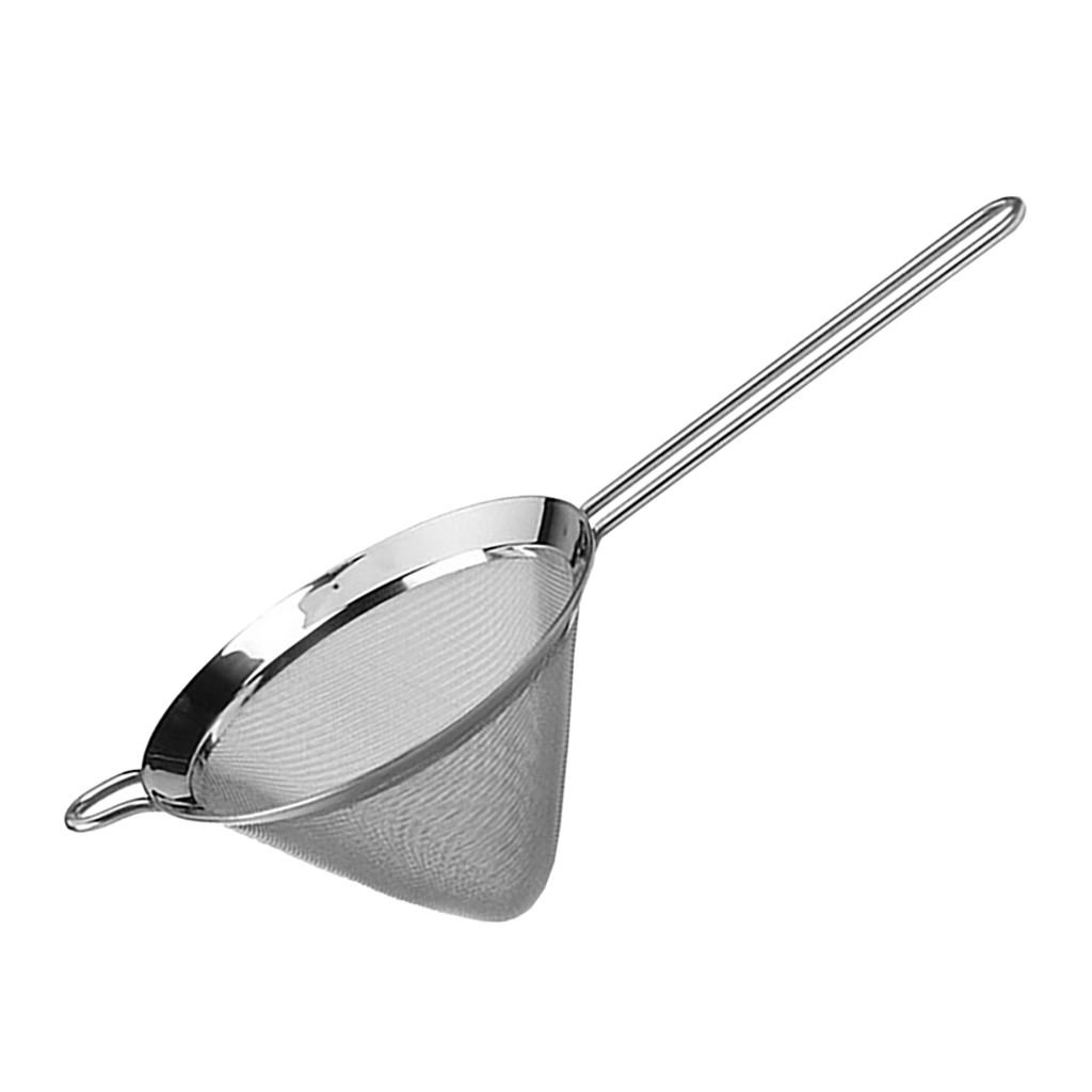 Teaology stainless steel conical mesh tea strainer with a long handle and hooked rim