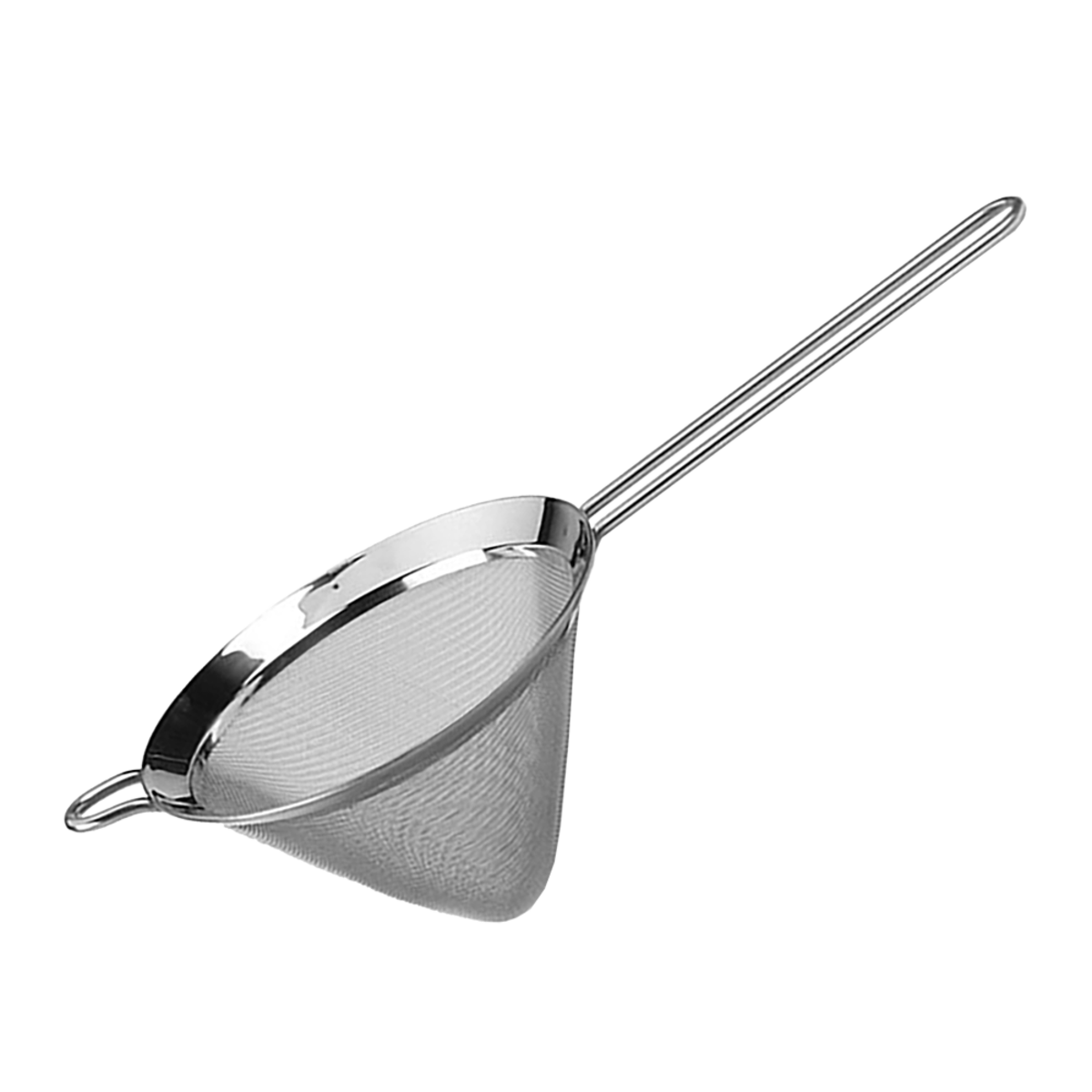 Teaology stainless steel conical mesh tea strainer with a long handle and hooked rim