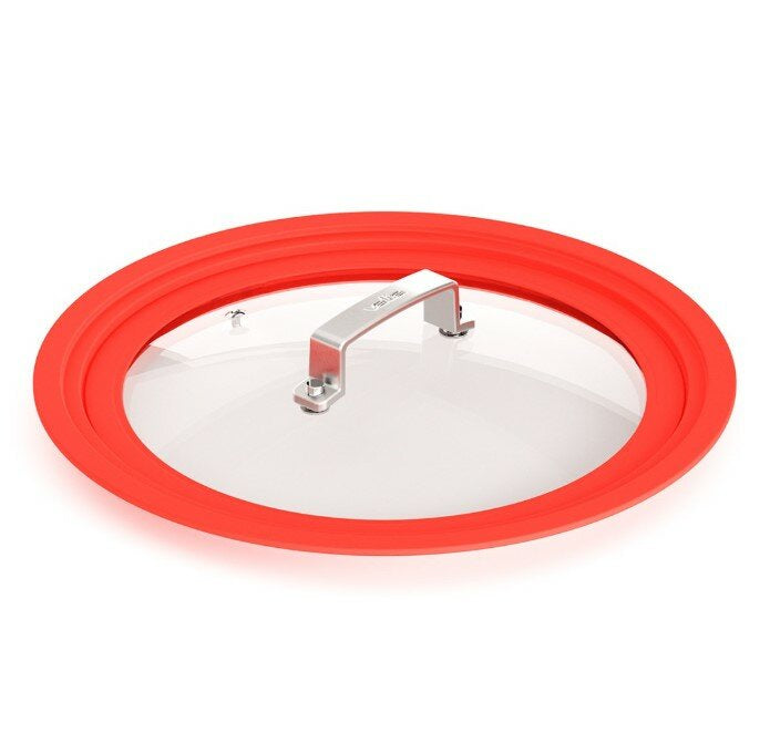 Valira multi-size glass lid with a red silicone rim and a steel handle