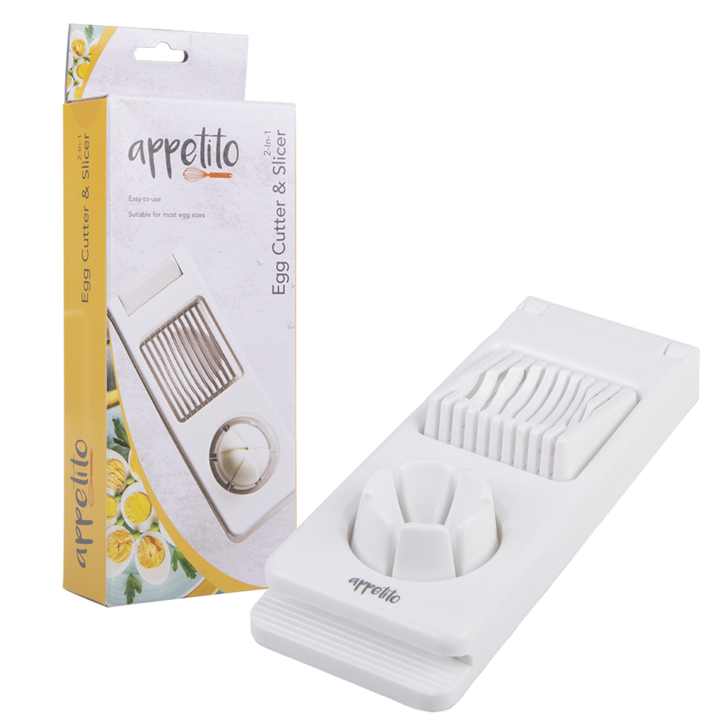 Appetito 2-in-1 egg cutter and slicer in white, shown beside its box