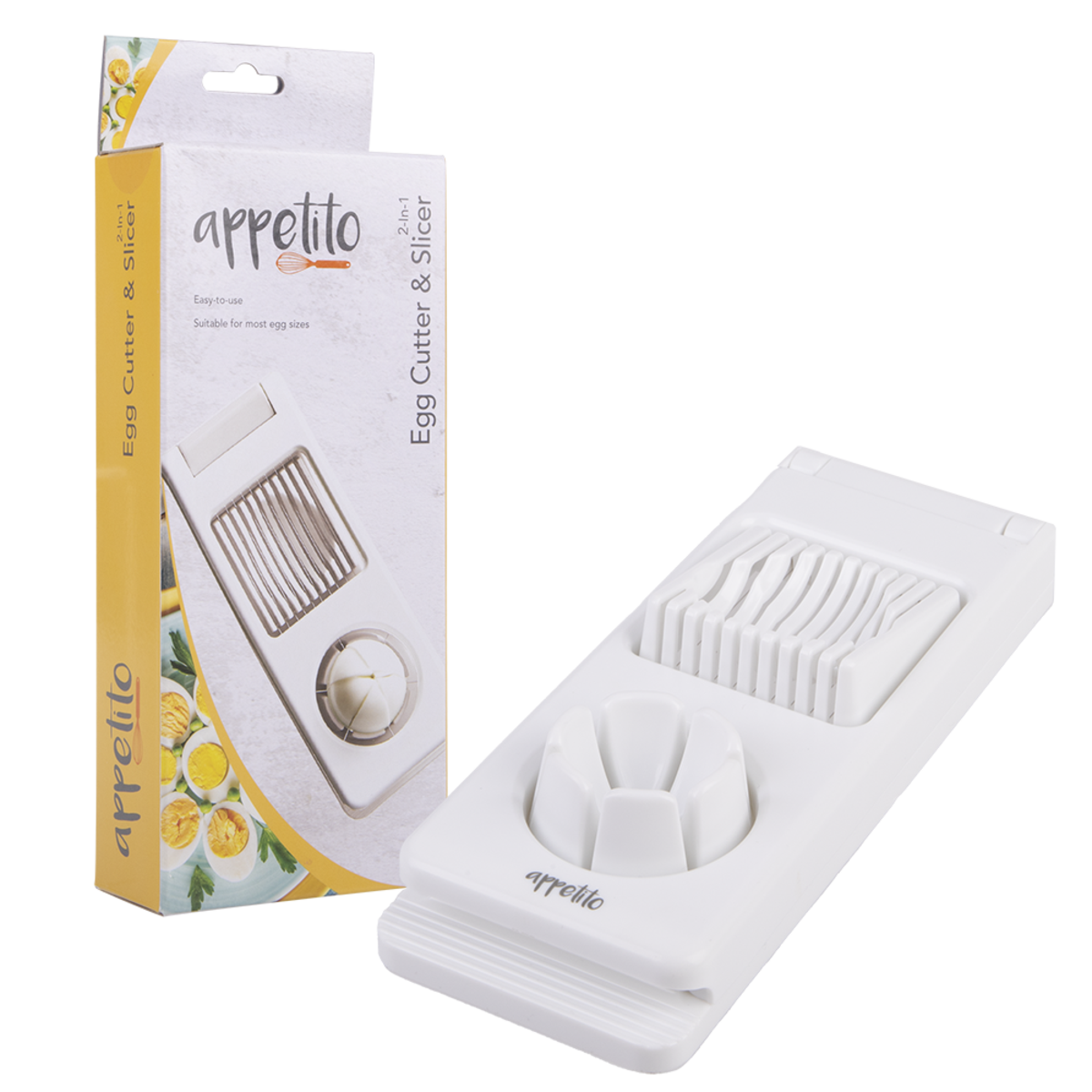 Appetito 2-in-1 egg cutter and slicer in white, shown beside its box