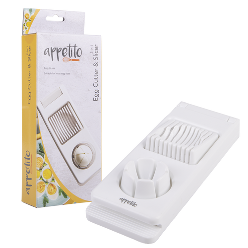 Appetito 2-in-1 egg cutter and slicer in white, shown beside its box