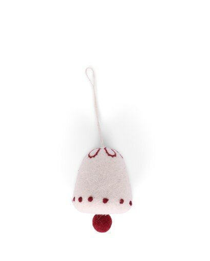 Gry & Sif felt bell ornament in white with red dots and a red pompom clapper