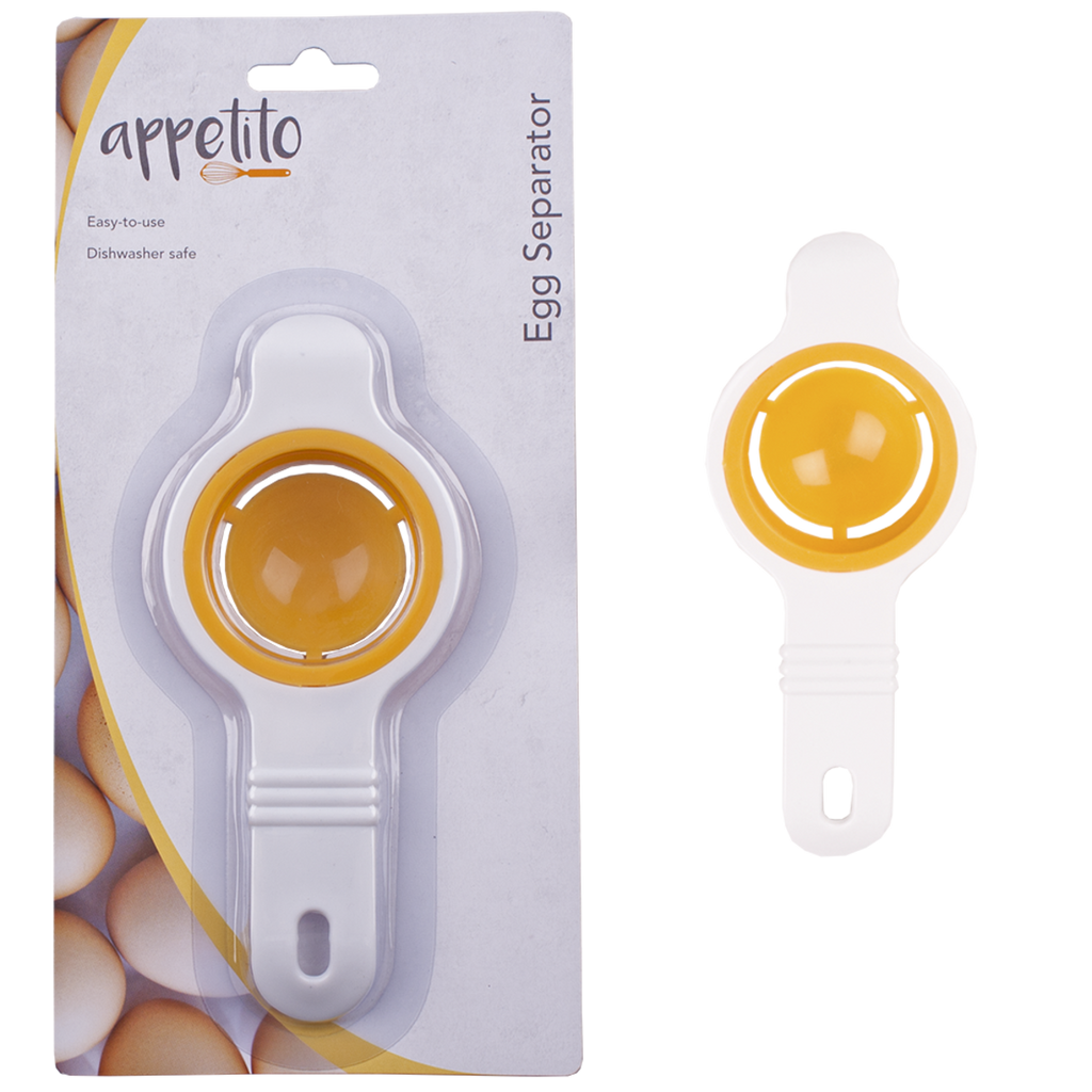 Appetito egg separator in white and yellow, shown on its retail card