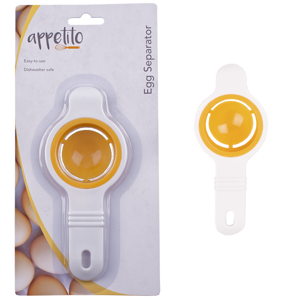 Appetito egg separator in white and yellow, shown on its retail card