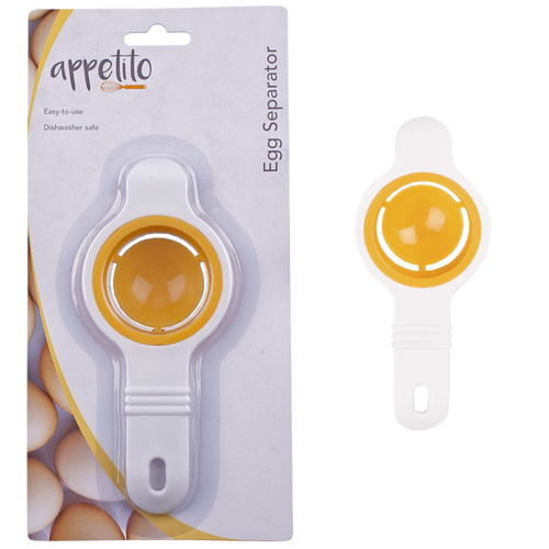 Appetito egg separator in white and yellow, shown on its retail card