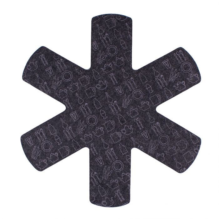 Appetito pot and pan protectors, an asterisk-shaped set with a printed kitchen pattern