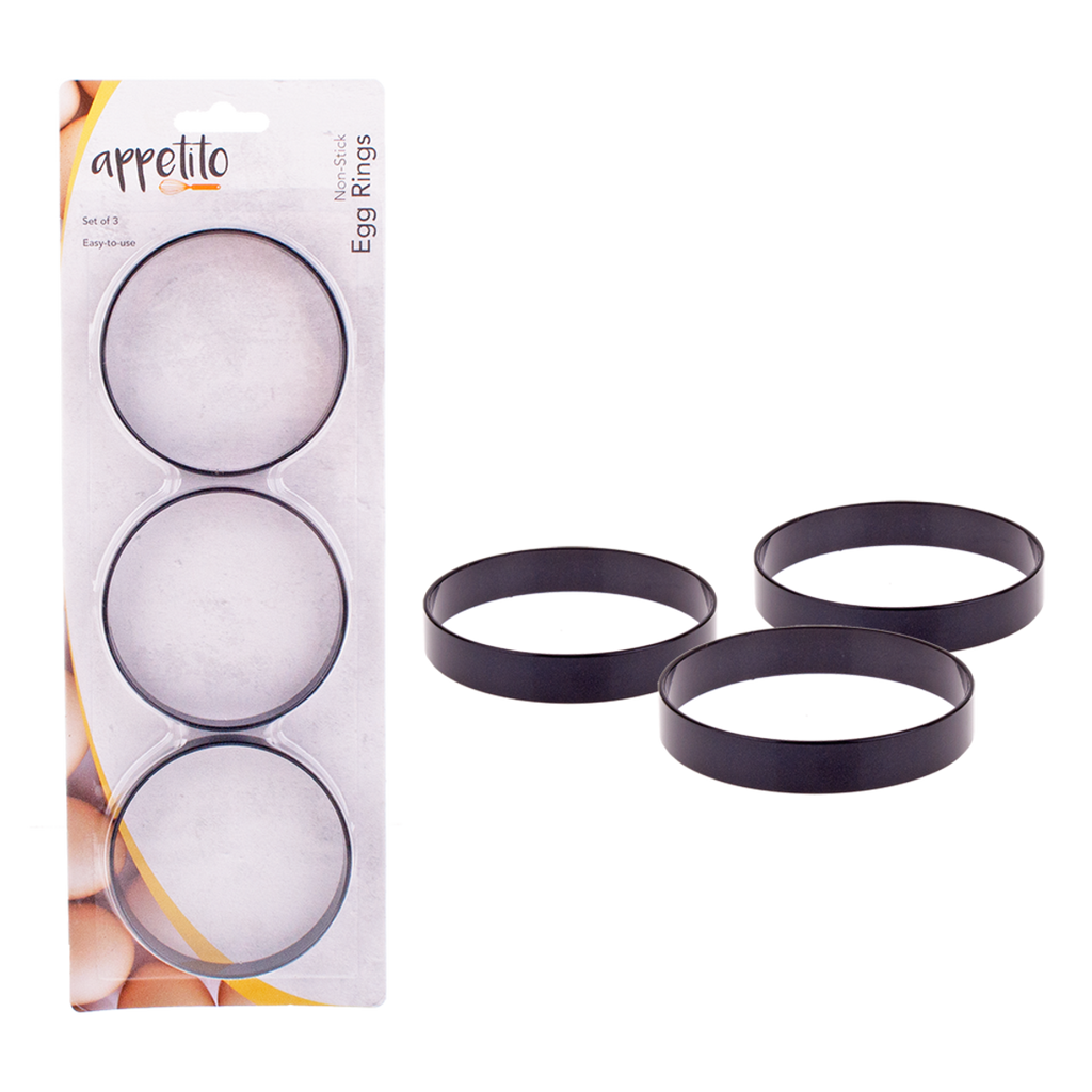 Appetito set of three non-stick egg rings, shown on their retail card and loose