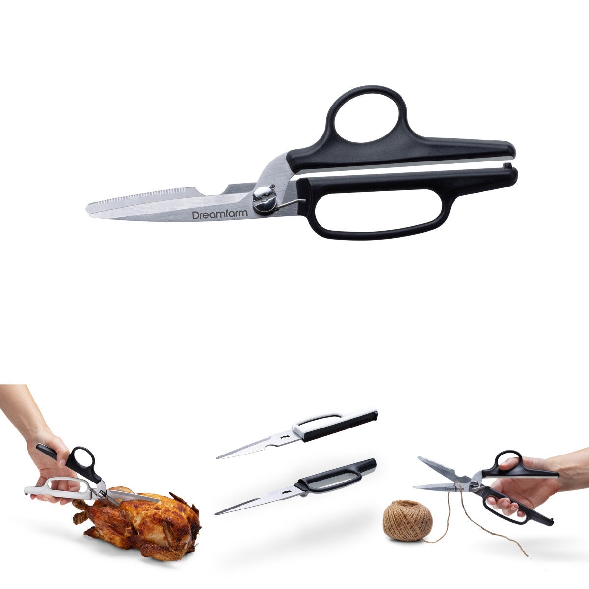 Dreamfarm Bishears kitchen shears with black handles, shown carving a roast chicken and cutting string