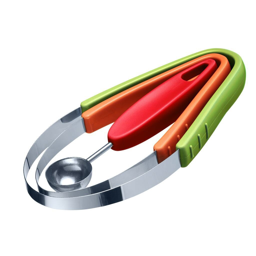 Westmark fruit cutter with red, orange and green folding blades and a stainless steel scoop