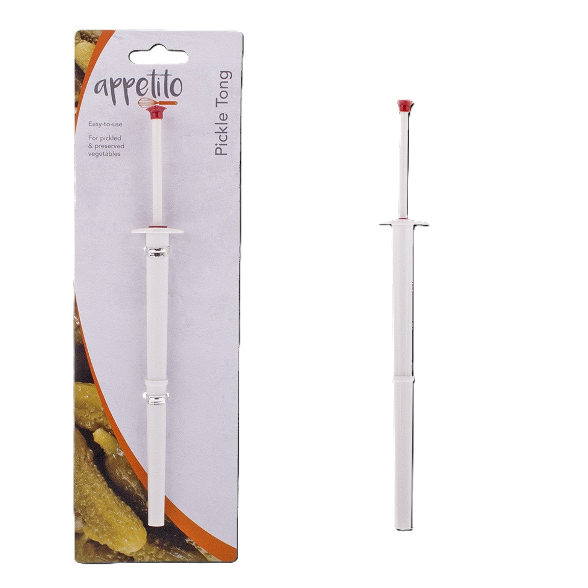 Appetito pickle tong, a slim white tool shown on its retail card