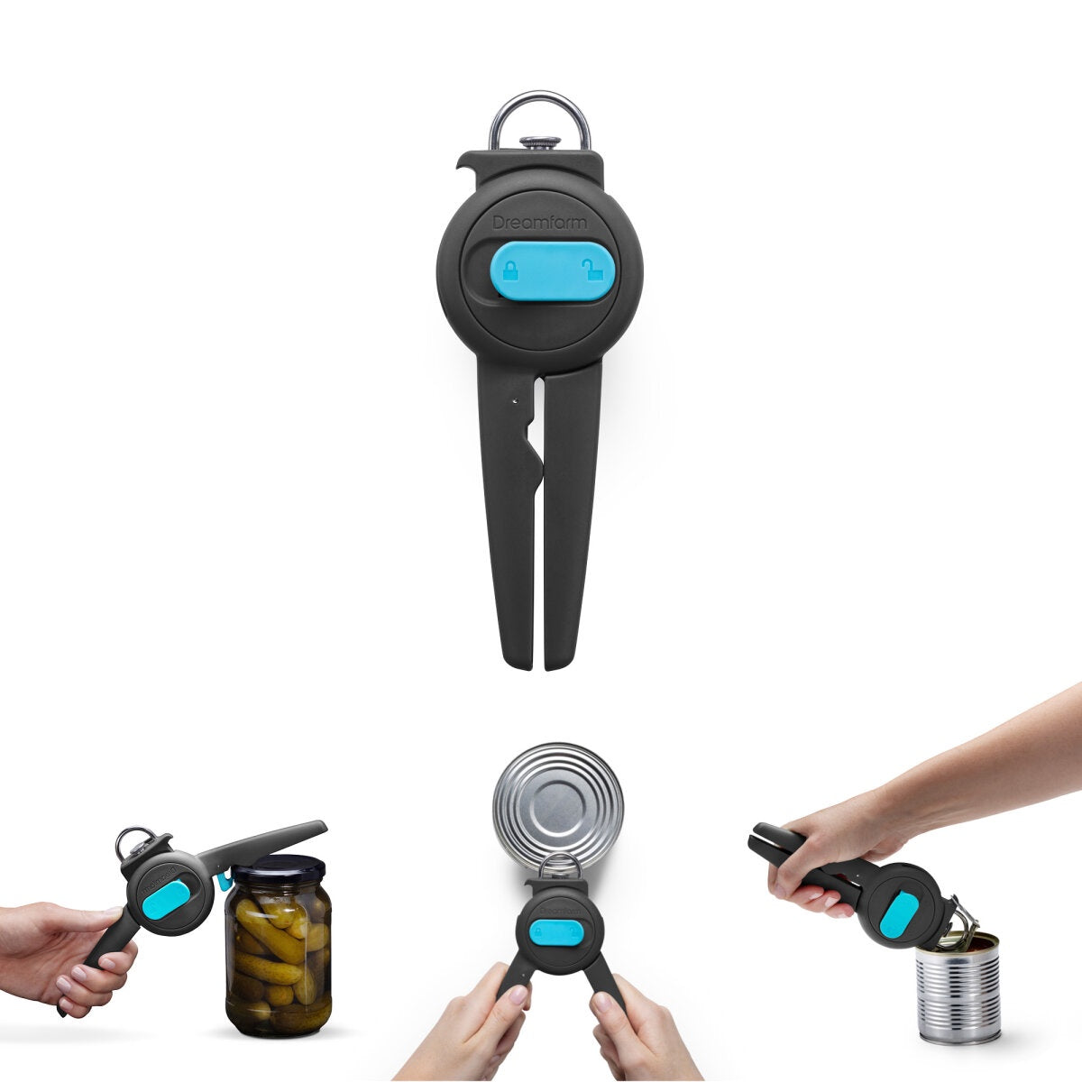 Dreamfarm Dopener jar and can opener in black and blue, shown alone and being used on a jar and a can