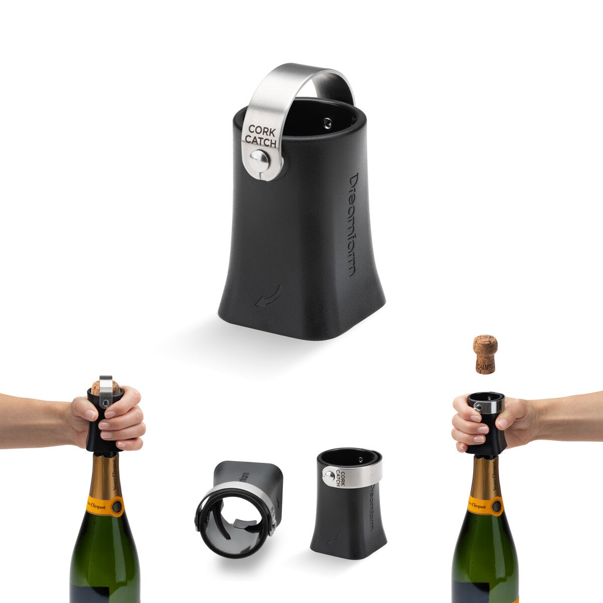 Dreamfarm Champop champagne cork catcher in black, shown alone and being used on bottles