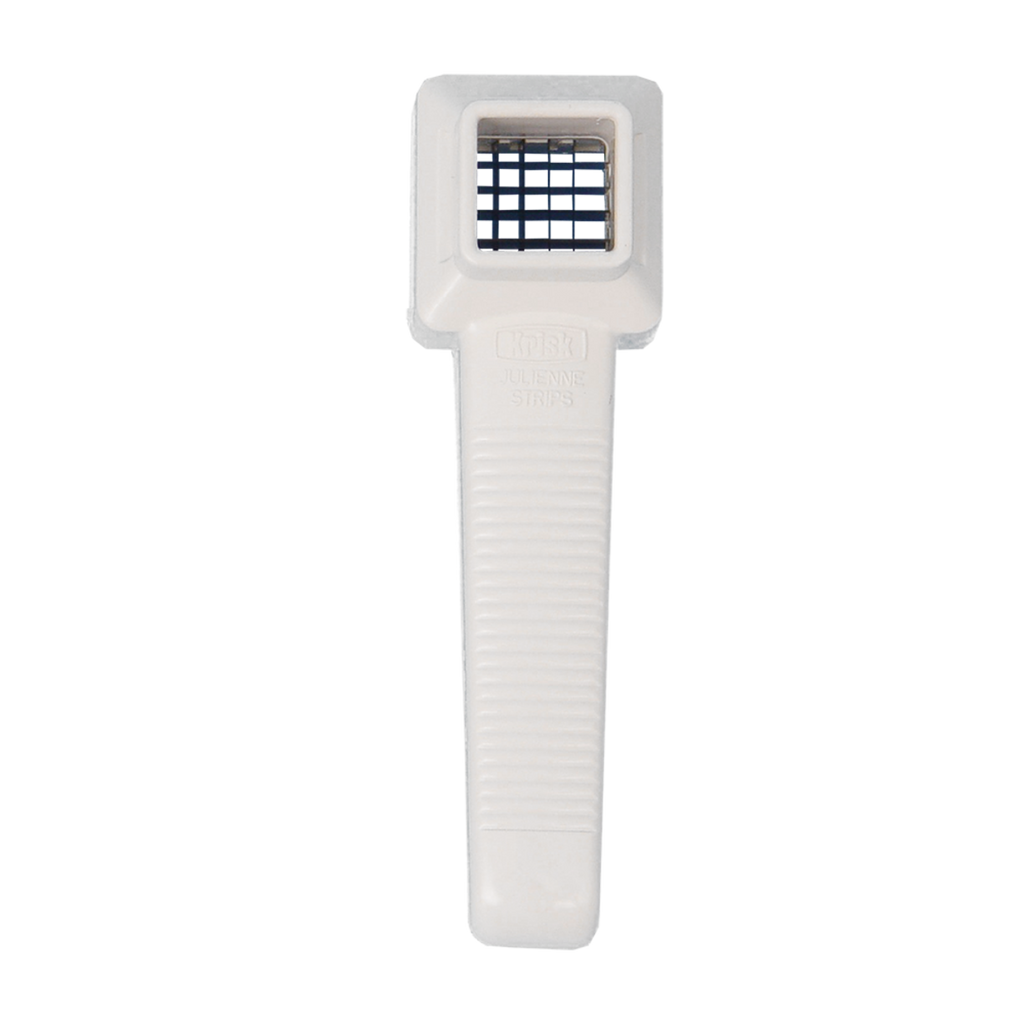 Krisk julienne slicer, a white handheld tool with a steel blade grid at the top