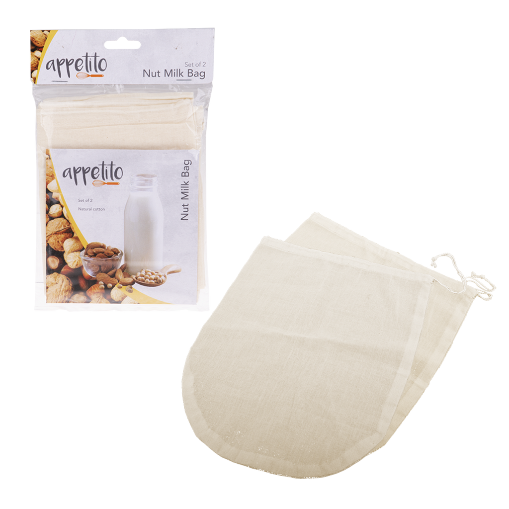 Appetito nut milk bag set, a natural cotton drawstring bag shown with its retail packaging