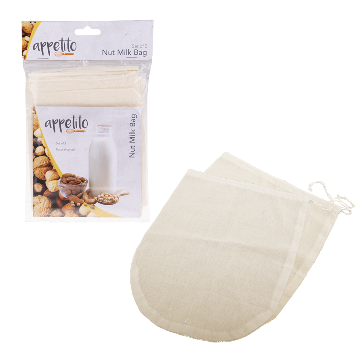 Appetito nut milk bag set, a natural cotton drawstring bag shown with its retail packaging