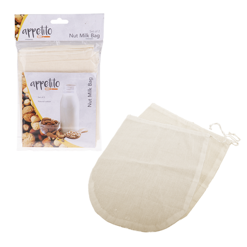 Appetito nut milk bag set, a natural cotton drawstring bag shown with its retail packaging