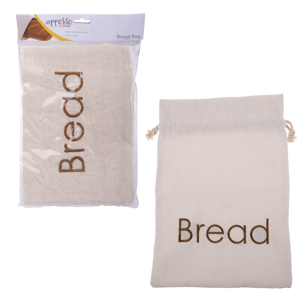 Appetito bread bag, a natural linen drawstring bag with Bread lettering, shown with a matching smaller bag
