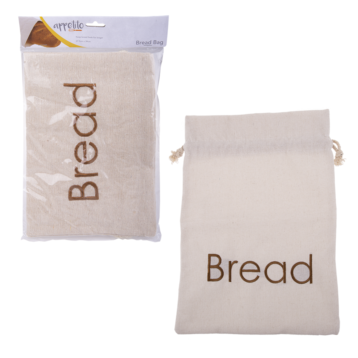 Appetito bread bag, a natural linen drawstring bag with Bread lettering, shown with a matching smaller bag