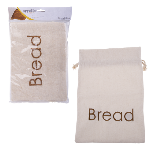 Appetito bread bag, a natural linen drawstring bag with Bread lettering, shown with a matching smaller bag
