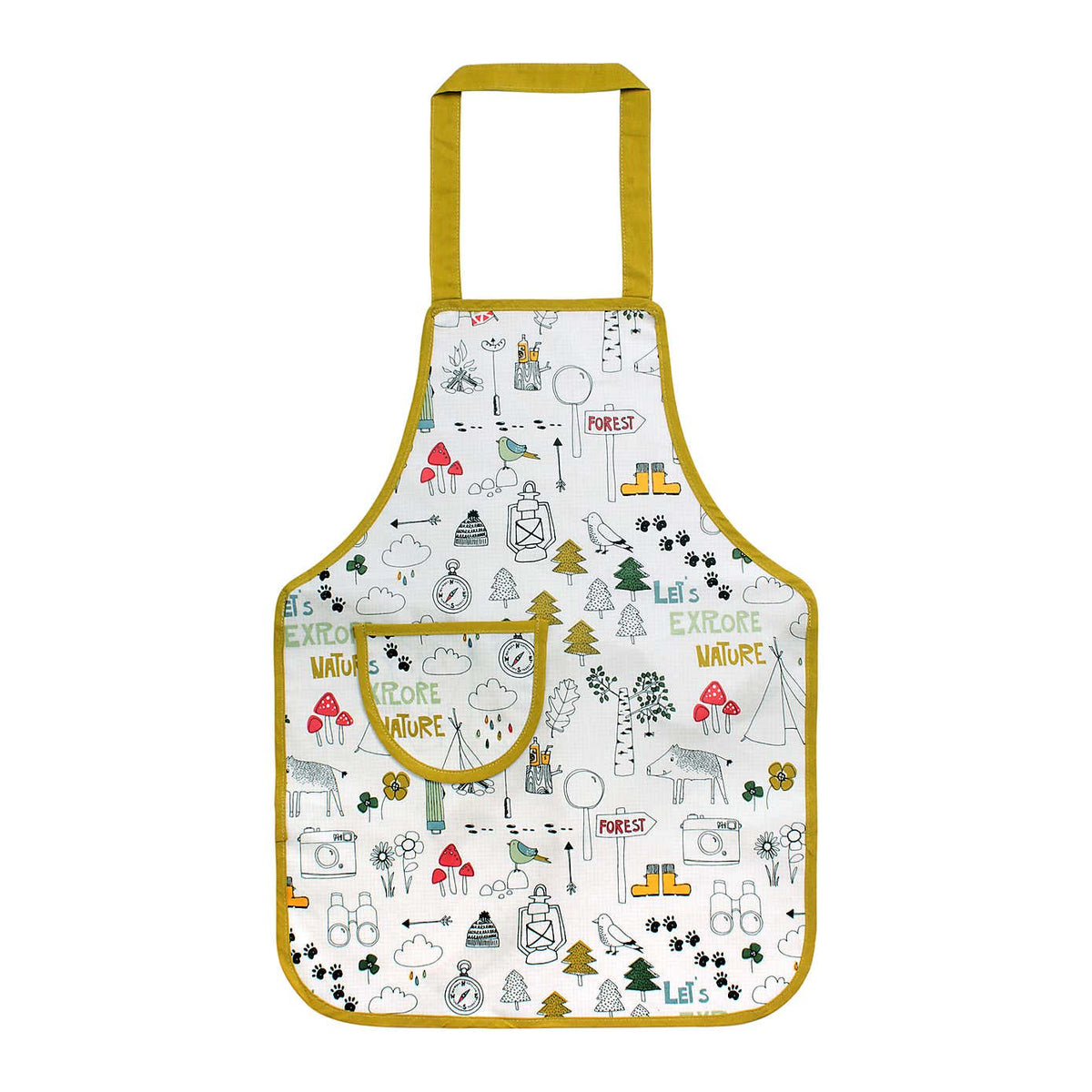 Ulster Weavers Let's Explore child's apron with a yellow trim and an outdoor exploring print