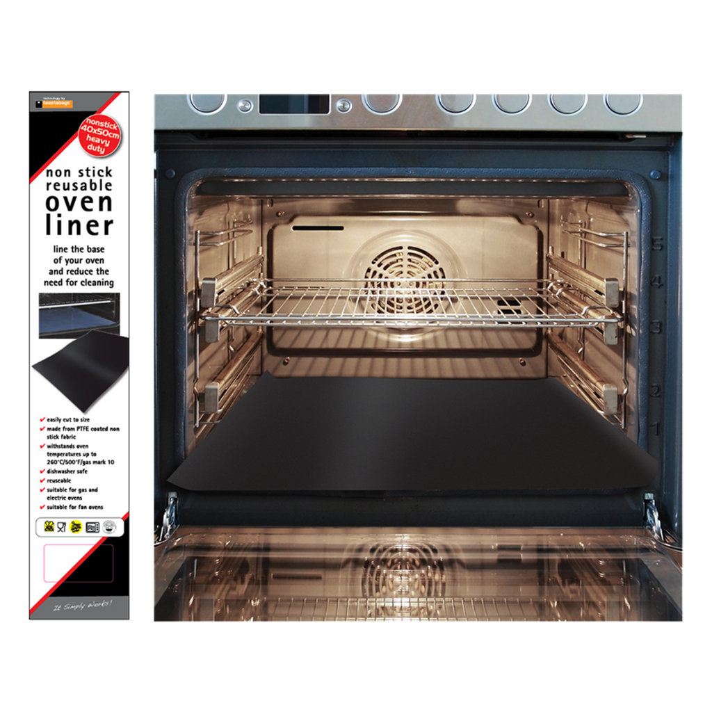 Toastabag reusable oven liner, a black non-stick liner in its packaging beside an oven showing it in use