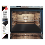 Toastabag reusable oven liner, a black non-stick liner in its packaging beside an oven showing it in use