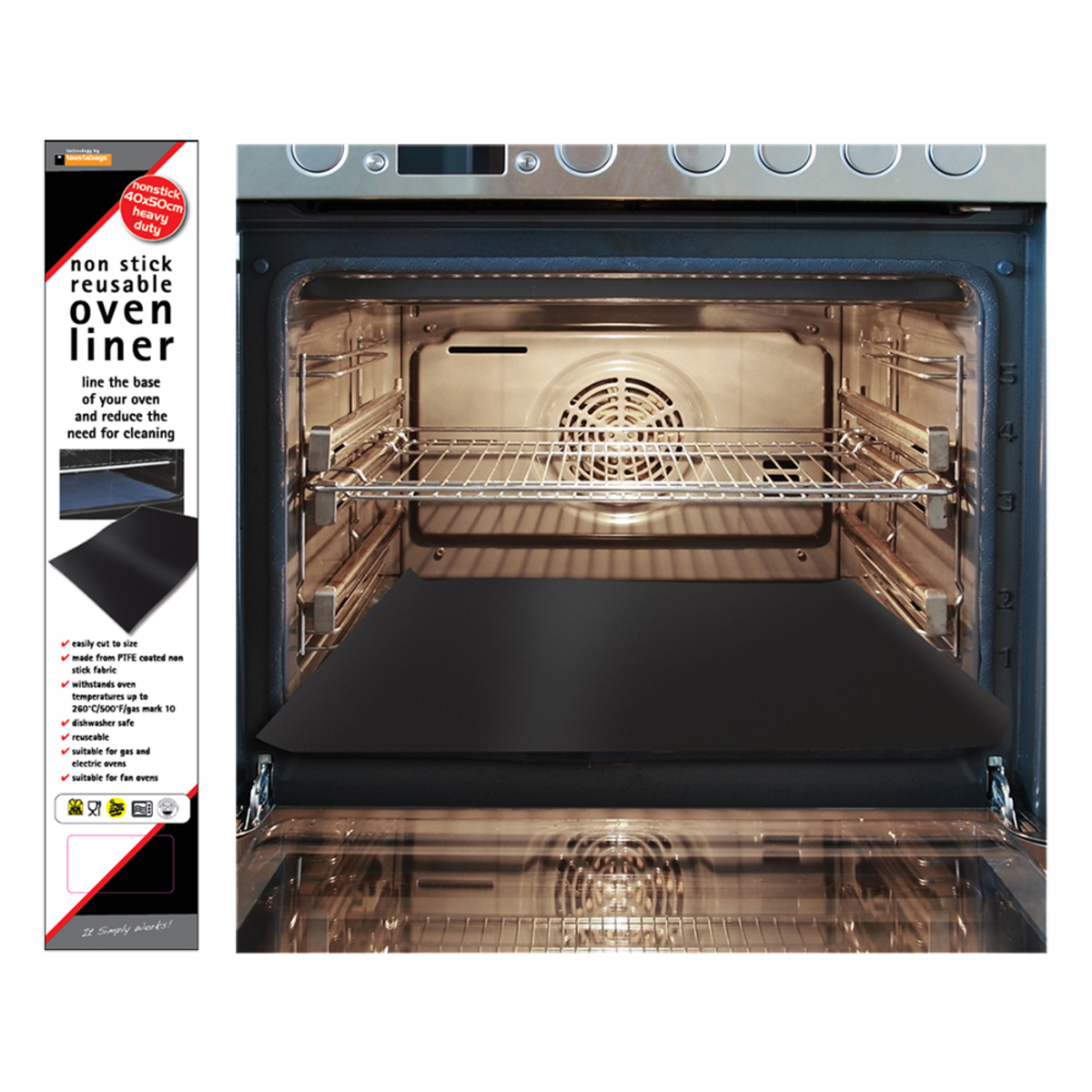 Toastabag reusable oven liner, a black non-stick liner in its packaging beside an oven showing it in use