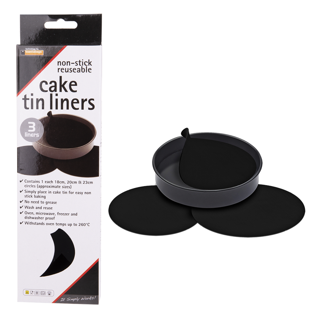 Toastabag non-stick reusable cake pan liners, three sizes shown in their packaging