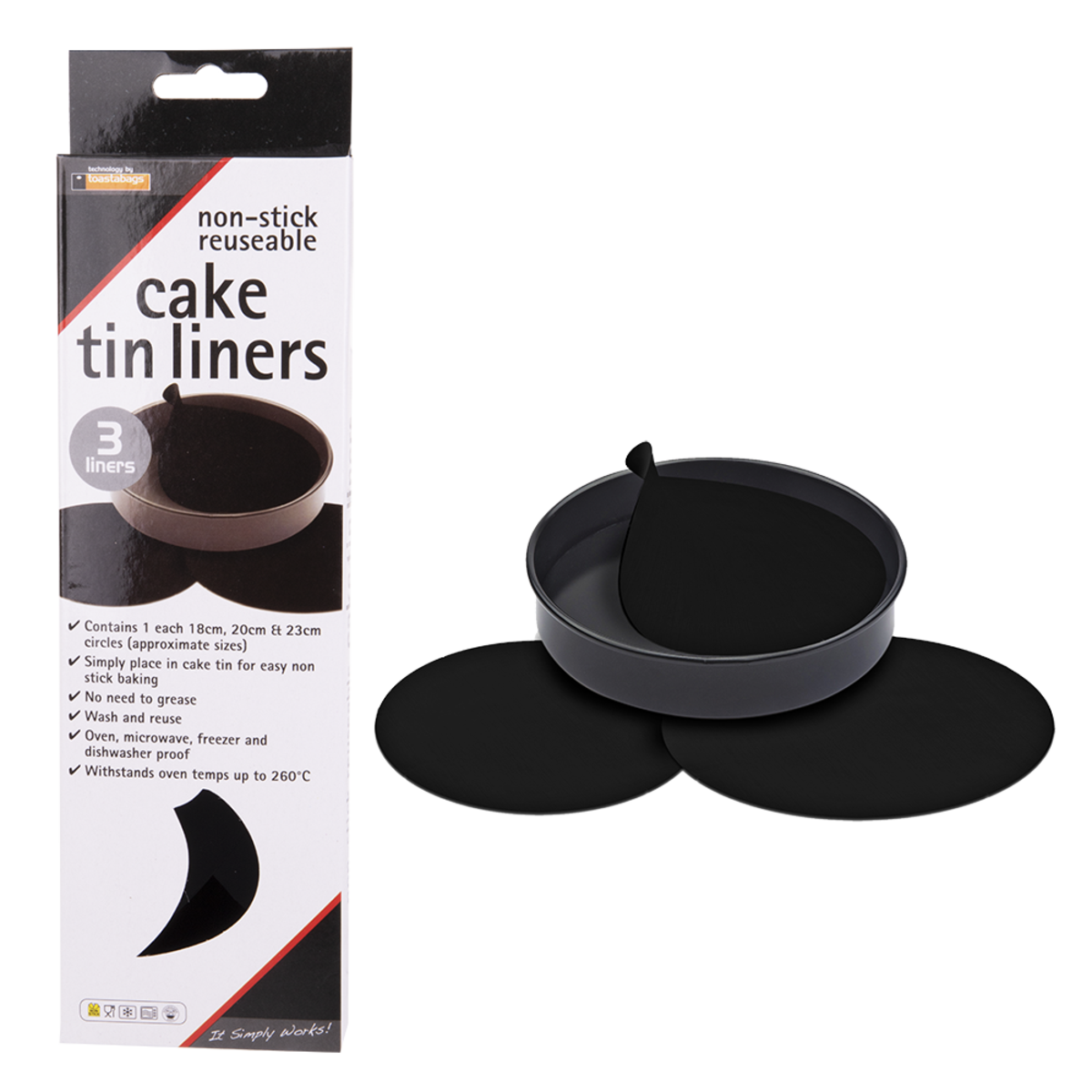 Toastabag non-stick reusable cake pan liners, three sizes shown in their packaging