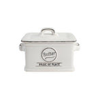 T & G Pride of Place butter dish in white ceramic with a distressed black rim, a lid and Butter lettering