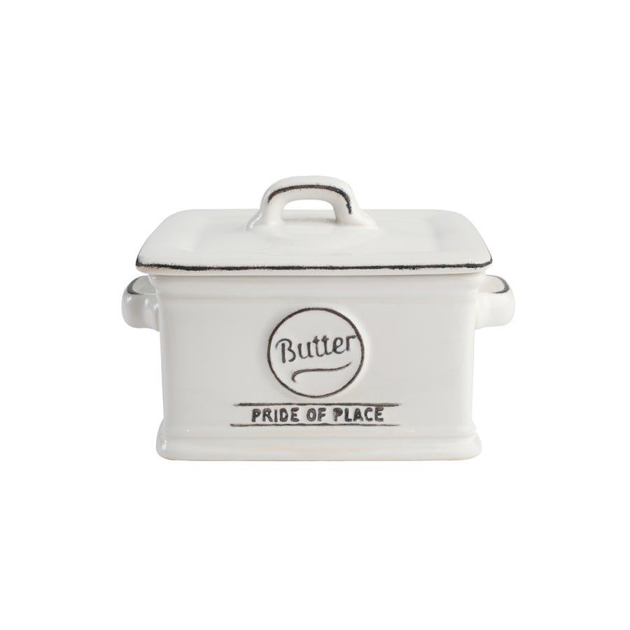 T & G Pride of Place butter dish in white ceramic with a distressed black rim, a lid and Butter lettering