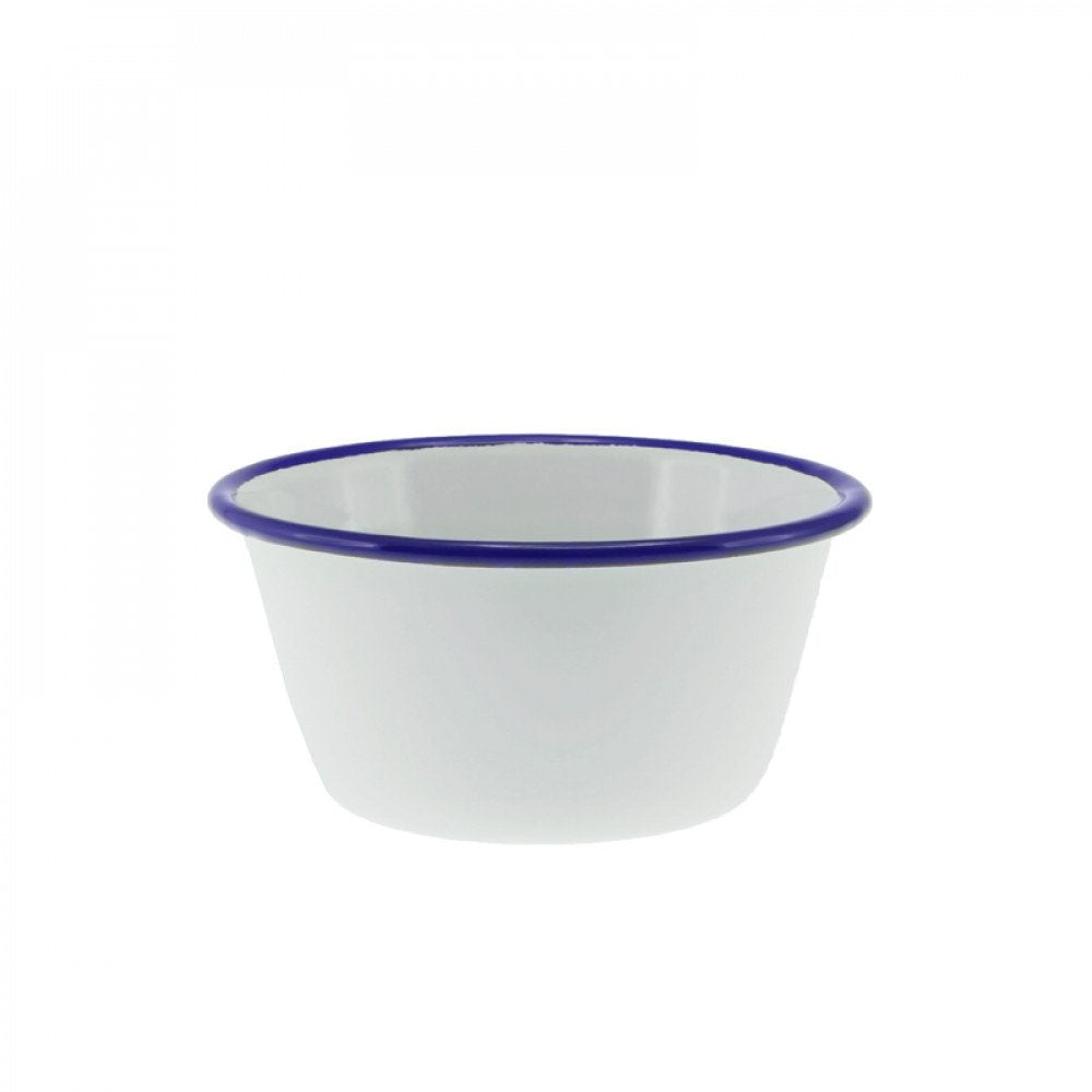 Falcon Enamelware pudding basin in white with a blue rim