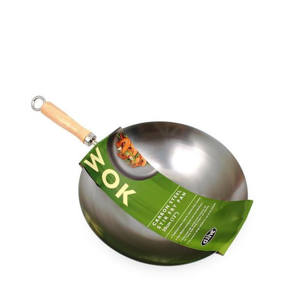 D Line carbon steel wok pan, 27cm, with a wooden handle and a green label