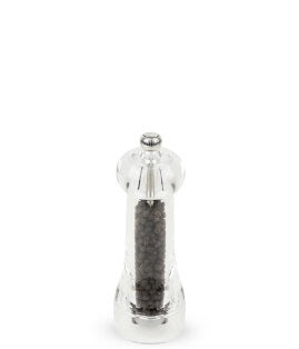 Peugeot Toul pepper mill, 16cm, in clear acrylic filled with black peppercorns