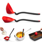 Dreamfarm Fladle, two red and black flat ladles shown pouring sauce and batter