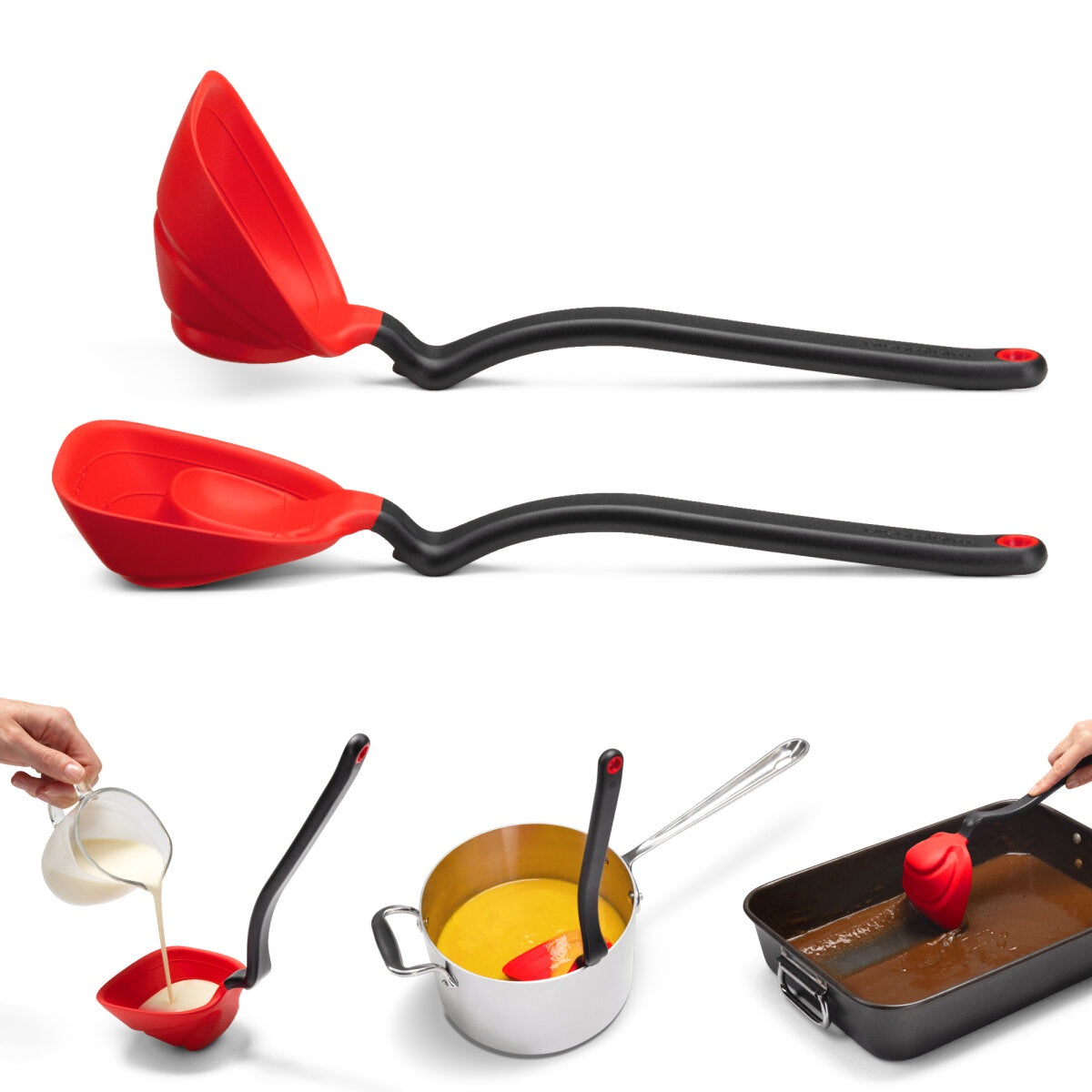 Dreamfarm Fladle, two red and black flat ladles shown pouring sauce and batter