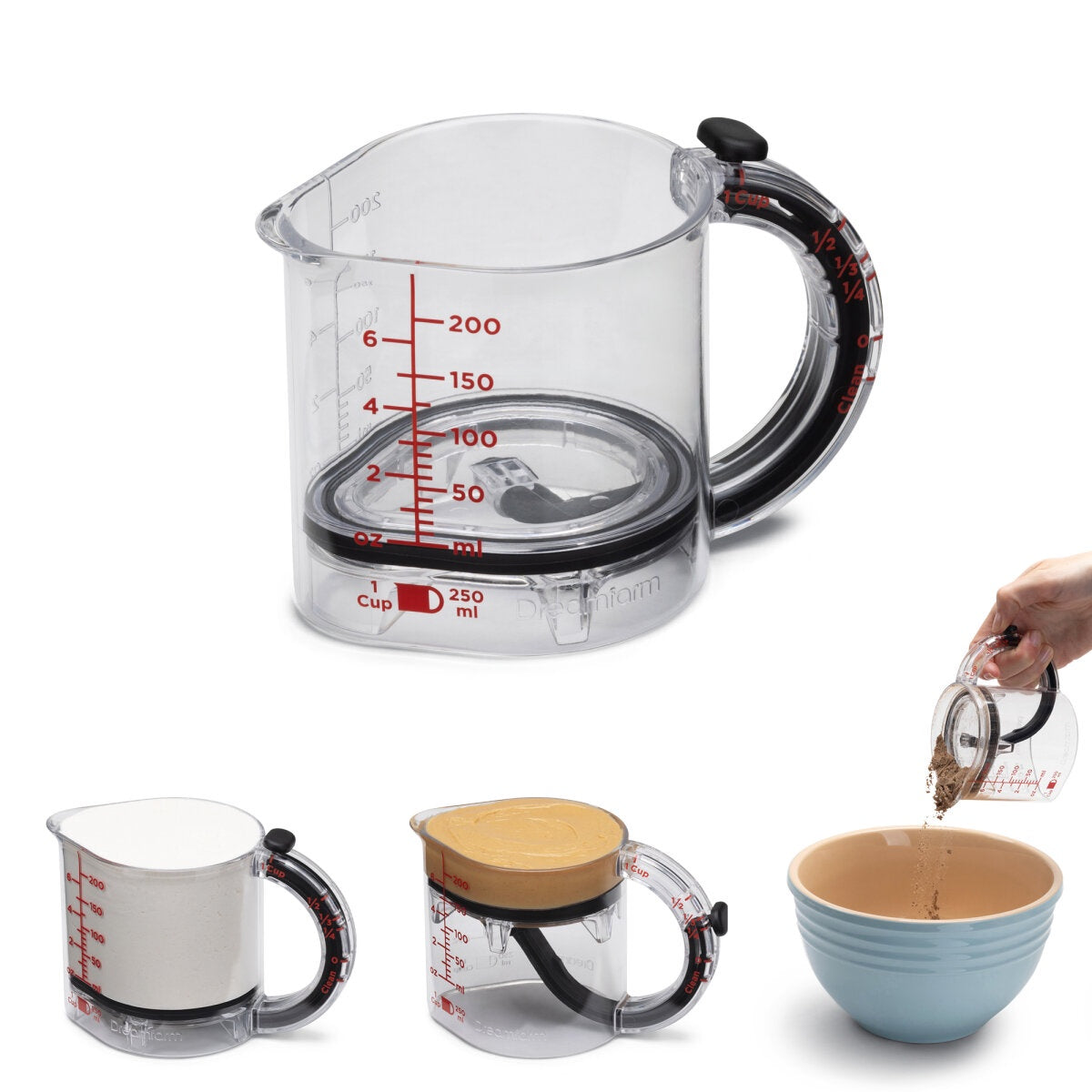 Dreamfarm Upcup, a clear measuring jug with a black handle and base, shown in use and with a bowl and lids