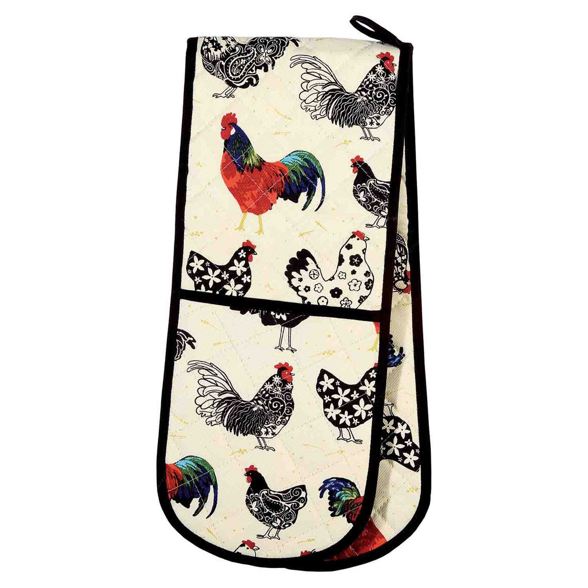 Ulster Weavers Rooster double oven glove with a cream background, roosters and black binding