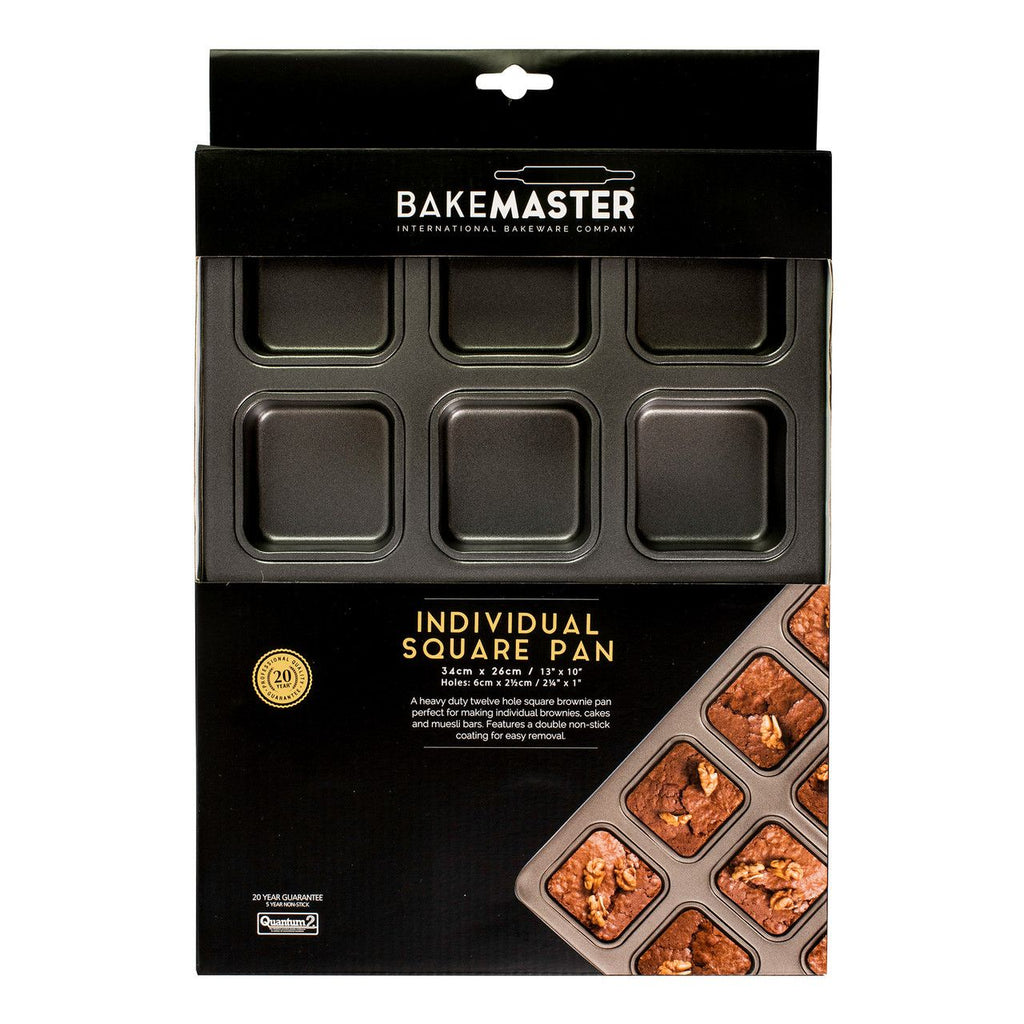 Bakemaster square brownie pan with six individual cavities, shown in its packaging with brownies