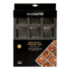 Bakemaster square brownie pan with six individual cavities, shown in its packaging with brownies