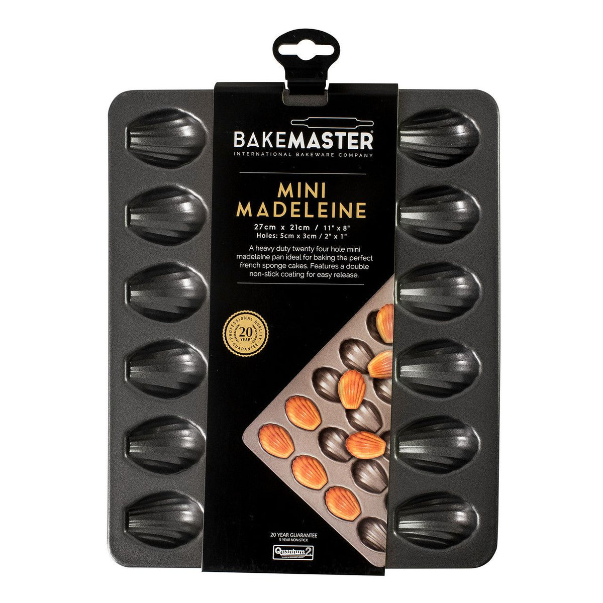 Bakemaster mini madeleine pan in dark non-stick steel, shown in its branded packaging