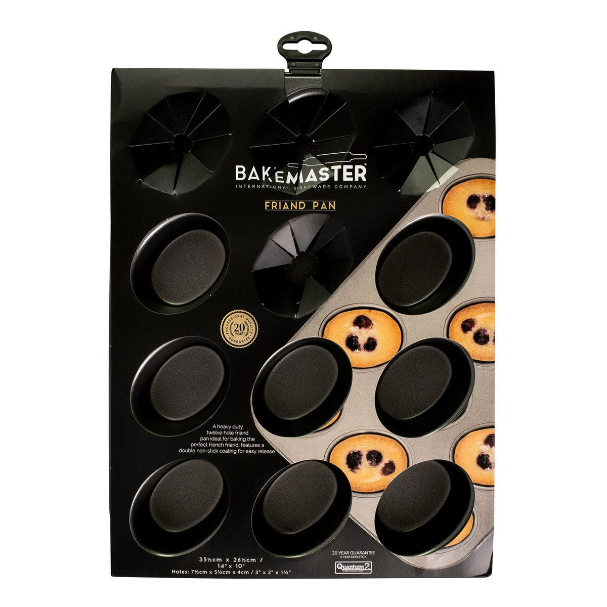 Bakemaster friand pan with nine oval cavities, shown in its packaging with friands
