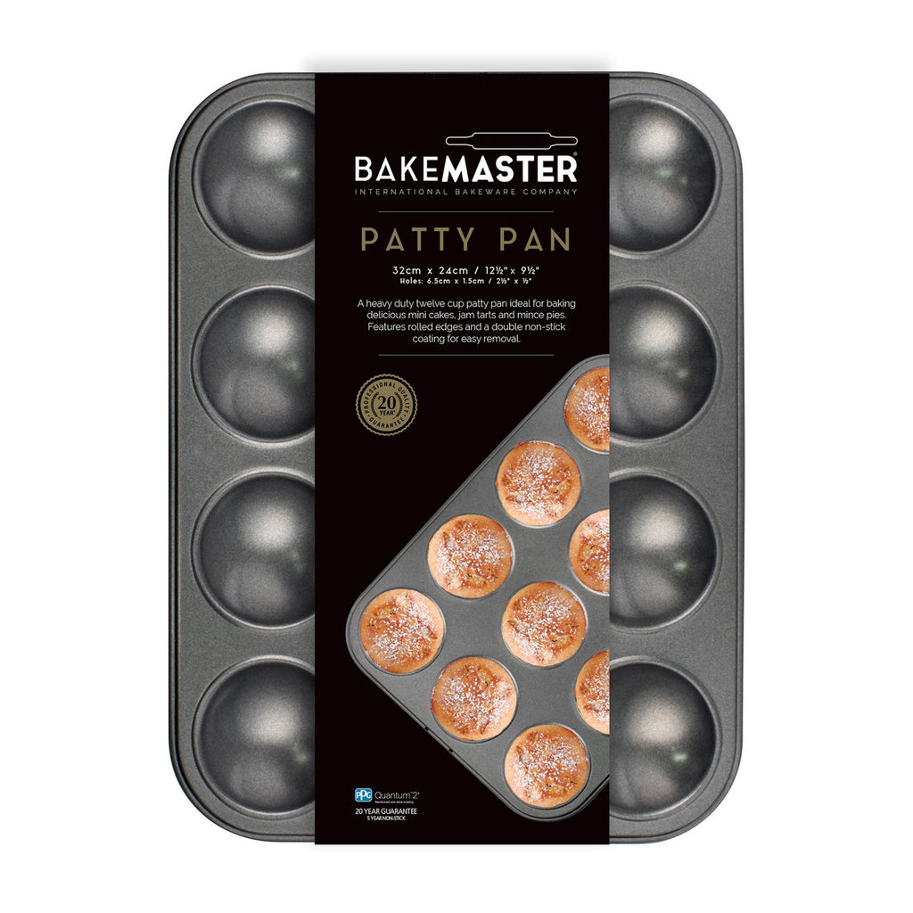 Bakemaster patty pan with twelve round cavities, shown in its packaging
