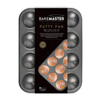 Bakemaster patty pan with twelve round cavities, shown in its packaging