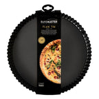 Bakemaster loose base round flan and quiche pan, shown in its packaging with a quiche