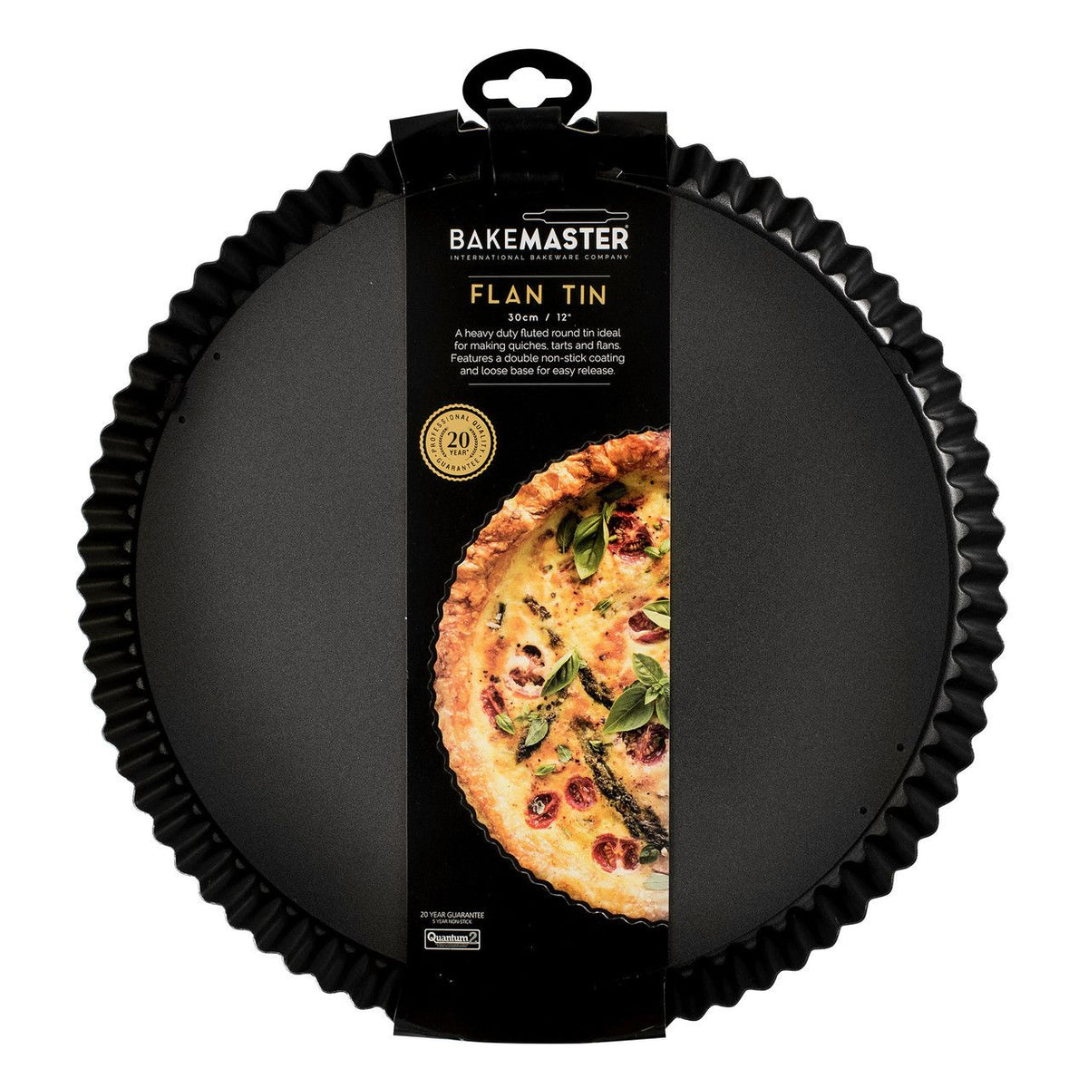 Bakemaster loose base round flan and quiche pan, shown in its packaging with a quiche